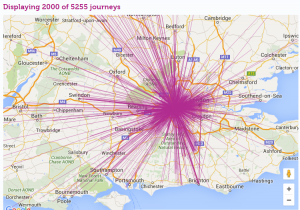 Map showing Liftshare journeys available to and from Heathrow Airport