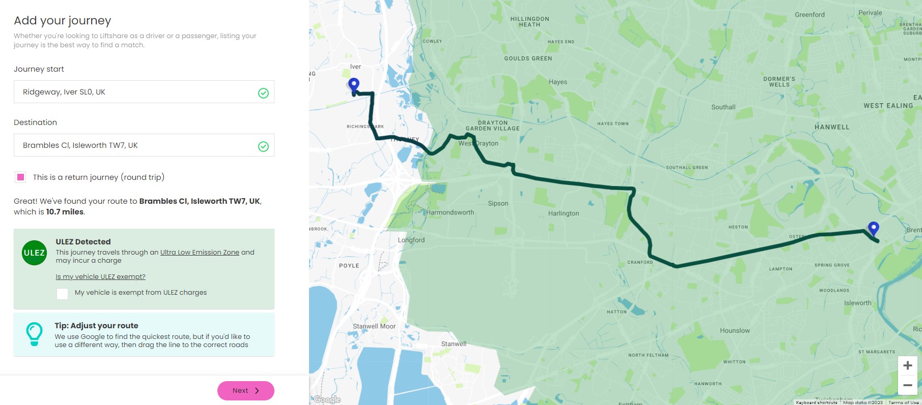 ULEZ detected - Add your journey map